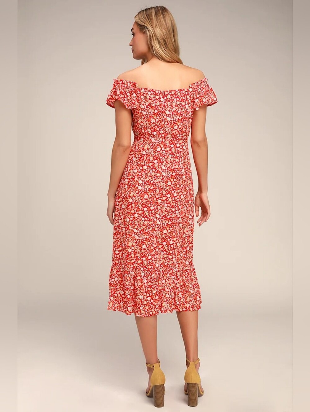 Lulus Mariana Red Floral Ditsy Print Sweetheart Split Midi Summer Dress Small - Picture 10 of 11